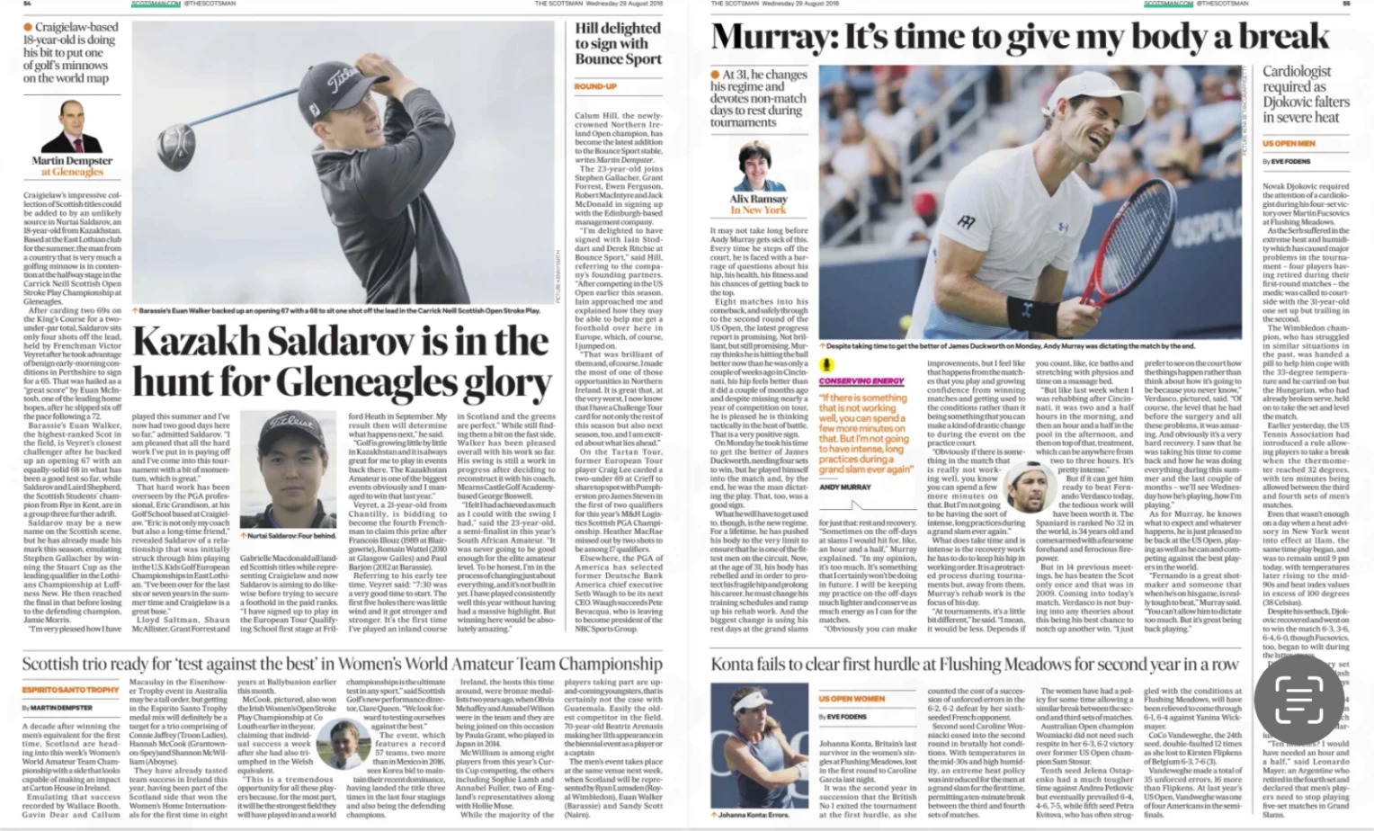 The Scotsman, 29 August 2018, pages 54–55: Kazakh Saldarov is in the hunt for Gleneagles glory, beside Murray: It's time to give my body a break